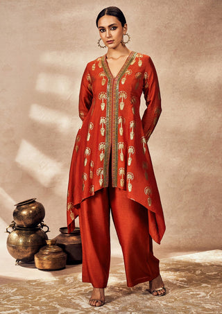 Rust travelers palm foil tunic and pants