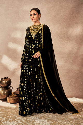 Black Gold Potters Touch Anarkali And Dupatta by House Of Masaba, available on Indiaspopup.com