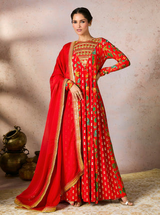 Red Tropical Rhapsody Anarkali And Dupatta by House Of Masaba, available on Indiaspopup.com