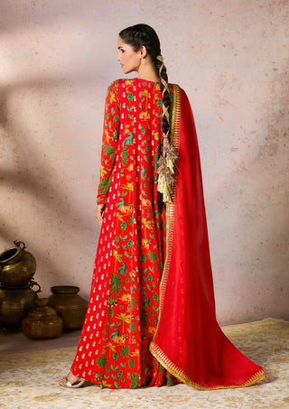 Red Tropical Rhapsody Anarkali And Dupatta by House Of Masaba, available on Indiaspopup.com