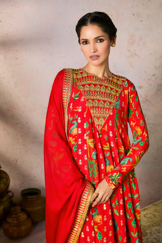 Red Tropical Rhapsody Anarkali And Dupatta by House Of Masaba, available on Indiaspopup.com