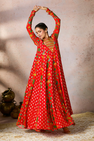 Red Tropical Rhapsody Anarkali And Dupatta by House Of Masaba, available on Indiaspopup.com