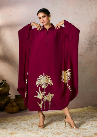 Cranberry palm foil print kaftan