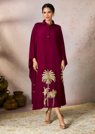 Cranberry Palm Foil Print Kaftan by House Of Masaba, available on Indiaspopup.com