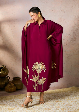 Cranberry palm foil print kaftan