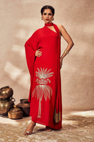 Red tropical one-shoulder kaftan