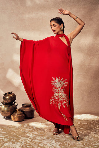 Red tropical one-shoulder kaftan