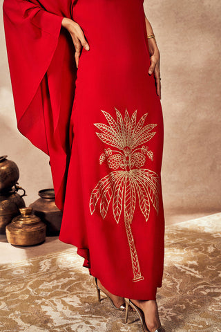 Red tropical one-shoulder kaftan