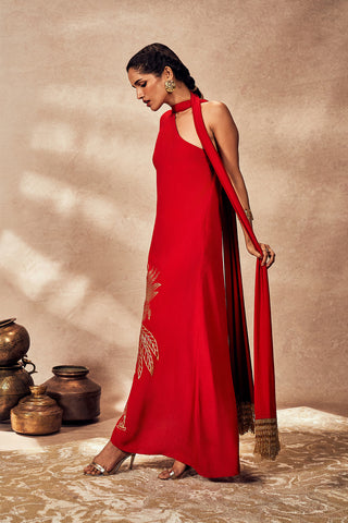 Red tropical one-shoulder kaftan