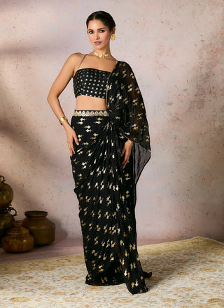 Black Mystic Drape Sari And Blouse by House Of Masaba, available on Indiaspopup.com