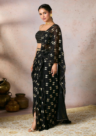 Black Mystic Drape Sari And Blouse by House Of Masaba, available on Indiaspopup.com