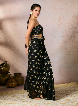 Black Mystic Drape Sari And Blouse by House Of Masaba, available on Indiaspopup.com