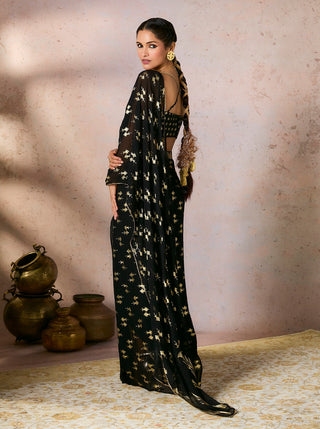 Black Mystic Drape Sari And Blouse by House Of Masaba, available on Indiaspopup.com