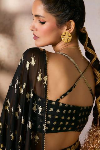 Black Mystic Drape Sari And Blouse by House Of Masaba, available on Indiaspopup.com