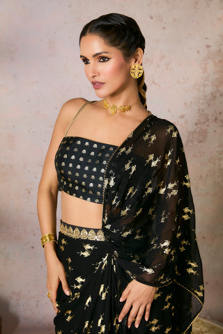 Black Mystic Drape Sari And Blouse by House Of Masaba, available on Indiaspopup.com