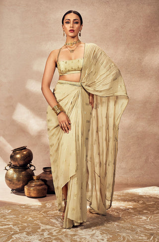 Beige Timber Tribe Drape Sari And Blouse by House Of Masaba, available on Indiaspopup.com