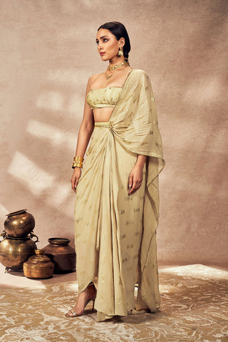 Beige Timber Tribe Drape Sari And Blouse by House Of Masaba, available on Indiaspopup.com