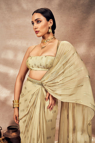 Beige Timber Tribe Drape Sari And Blouse by House Of Masaba, available on Indiaspopup.com