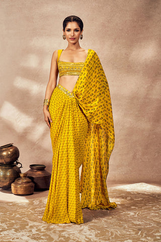 Yellow Pixie Dust Drape Sari And Blouse by House Of Masaba, available on Indiaspopup.com