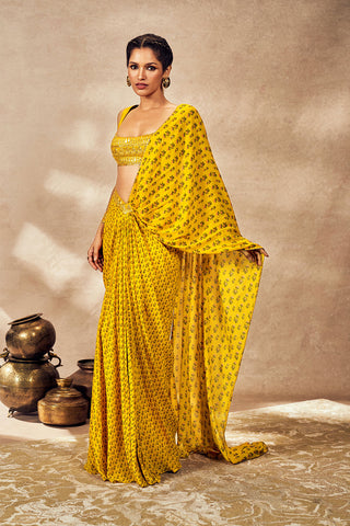 Yellow Pixie Dust Drape Sari And Blouse by House Of Masaba, available on Indiaspopup.com