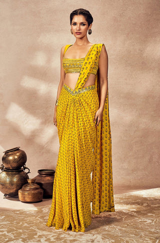 Yellow Pixie Dust Drape Sari And Blouse by House Of Masaba, available on Indiaspopup.com