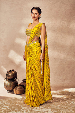 Yellow Pixie Dust Drape Sari And Blouse by House Of Masaba, available on Indiaspopup.com