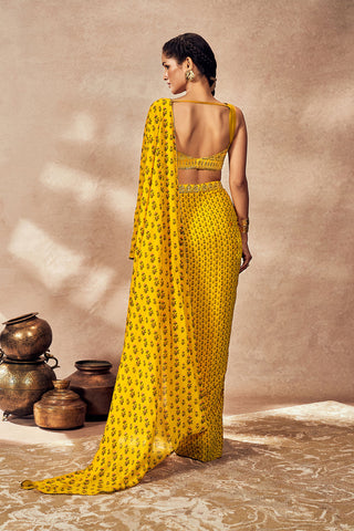 Yellow Pixie Dust Drape Sari And Blouse by House Of Masaba, available on Indiaspopup.com