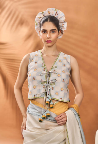 Ivory stripe garden grid sari and blouse