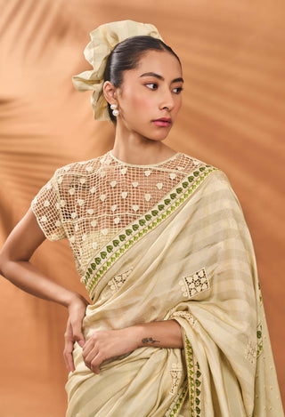 Sage Green Striped All Fours Sari And Blouse by House Of Masaba available on Indiaspopup.com