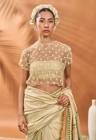 Sage Green Striped All Fours Sari And Blouse by House Of Masaba available on Indiaspopup.com