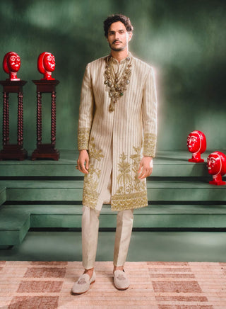 Beige malai chamcham sherwani set