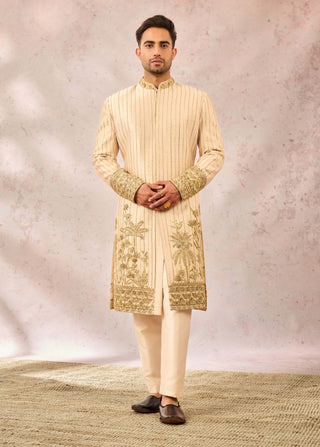 Beige malai chamcham sherwani set