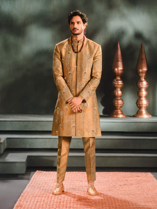 Beige kesar varak sherwani set