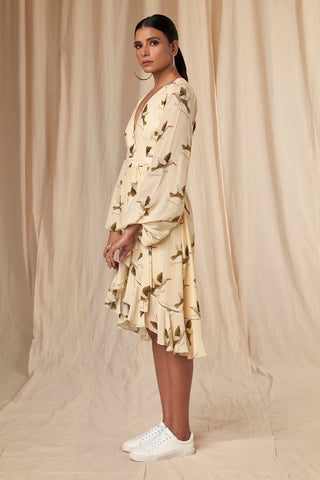 House Of Masaba-Ivory Gold Finch Wrap Mid Length Dress-INDIASPOPUP.COM