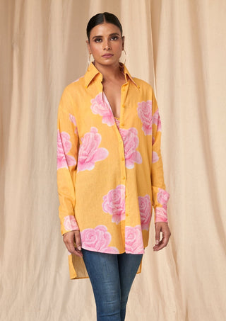 House Of Masaba-Emily Sunshine Yellow Rosy Shirt And Bralette-INDIASPOPUP.COM