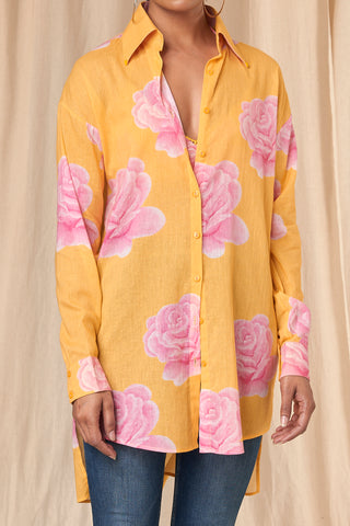 House Of Masaba-Emily Sunshine Yellow Rosy Shirt And Bralette-INDIASPOPUP.COM