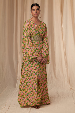 House Of Masaba-Daphne Sap Green Kaftan Dress With Belt-INDIASPOPUP.COM