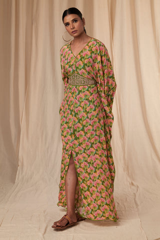 House Of Masaba-Daphne Sap Green Kaftan Dress With Belt-INDIASPOPUP.COM