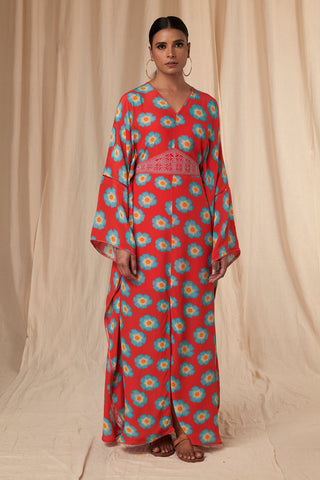 House Of Masaba-Daphne Red Daisy Kaftan Dress With Belt-INDIASPOPUP.COM