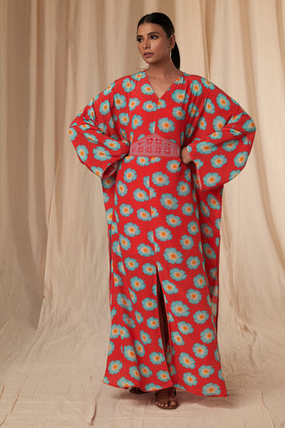 House Of Masaba-Daphne Red Daisy Kaftan Dress With Belt-INDIASPOPUP.COM