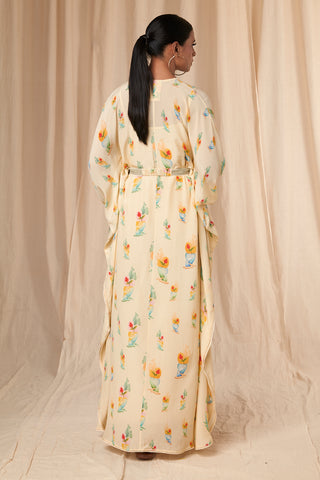 House Of Masaba-Daphne Ivory Kaftan Dress With Belt-INDIASPOPUP.COM