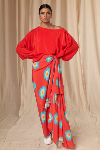 House Of Masaba-Miranda Red Poncho And Drape Skirt-INDIASPOPUP.COM