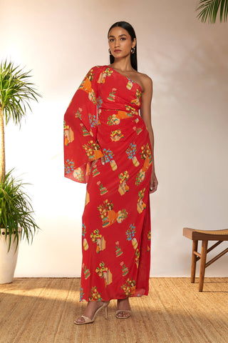House Of Masaba-Red Tangy Tango One Shoulder Kaftan Dress-INDIASPOPUP.COM