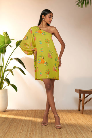 House Of Masaba-Lime Tangy Tango One Shoulder Mini Dress-INDIASPOPUP.COM