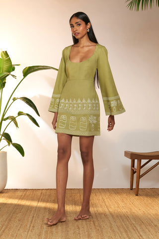 House Of Masaba-Olive Green Embroidered Mini Dress-INDIASPOPUP.COM