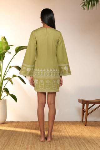 House Of Masaba-Olive Green Embroidered Mini Dress-INDIASPOPUP.COM