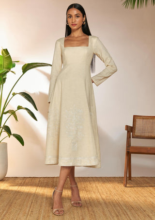Ivory full sleeved embroidered dress