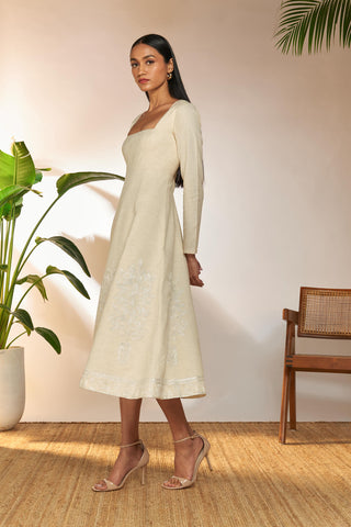 House Of Masaba-Ivory Full Sleeved Embroidered Dress-INDIASPOPUP.COM