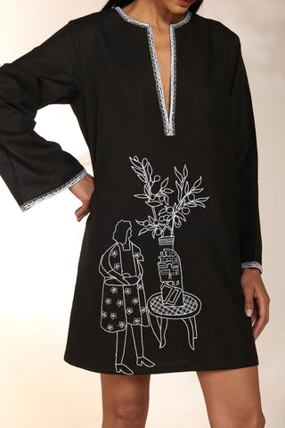 House Of Masaba-Black Straight Embroidered Dress-INDIASPOPUP.COM