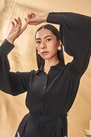 Black trellis palm khadi shirt dress